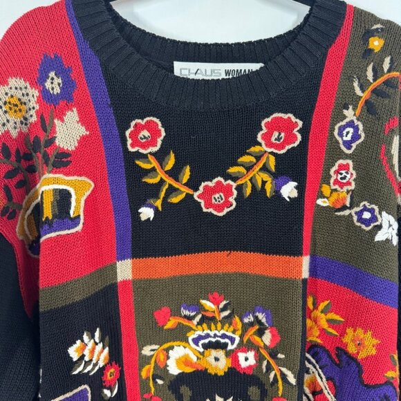 Vintage Chaus Woman Black Multi Floral Graphic Oversized Knit Grandma Sweater - Picture 3 of 11